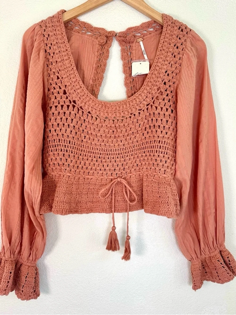 🤍 NWT Free People Small Petite Crochet Open Back Boho Peasant Top Terracotta